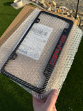 Mercedes AMG Carbon Fiber Plate Frame Black chrome Red logo. Notches, 4 bolt hole