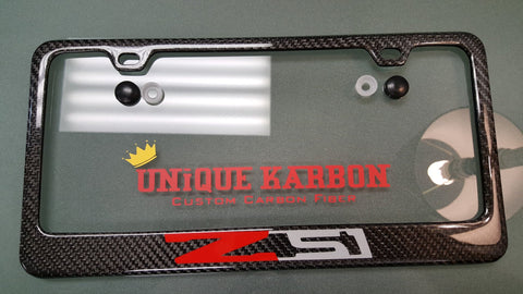 CORVETTE Z51 CARBON FIBER PLATE FRAME -RED/BRUSHED ALUMINUM