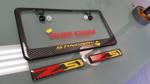 CORVETTE STINGRAY Z51 CARBON FIBER PLATE FRAME/BADGE COMBO -YELLOW