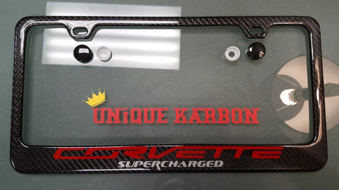 CORVETTE SUPERCHARGED CARBON FIBER PLATE FRAME -RED/BRUSHED ALUMINUM