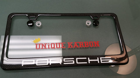Porsche Lettering Carbon Fiber Plate Frame White 1x1