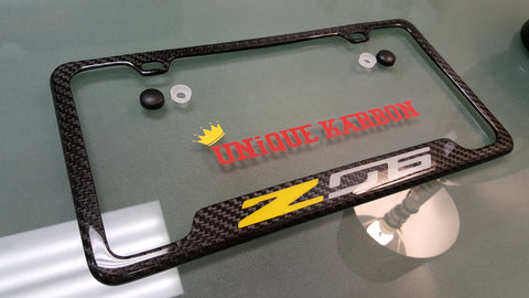 CORVETTE Z06 CARBON FIBER PLATE FRAME -YELLOW/BRUSHED ALUMINUM (STICKER NOTCHES)
